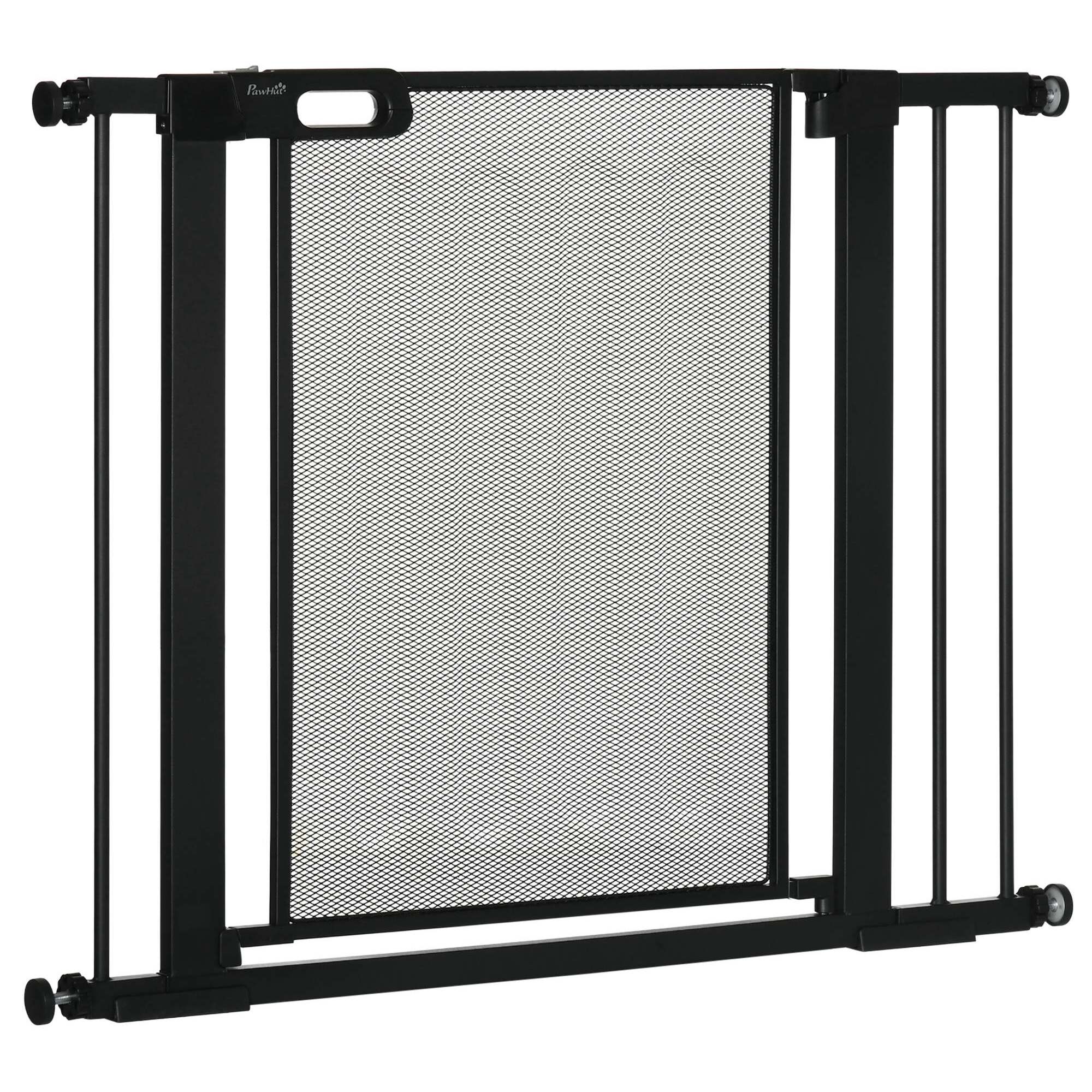 Barrière de sécurité animaux - longueur réglable dim. 75-103 cm - porte double verrouillage, ouverture double sens -sans perçage - acier ABS noir