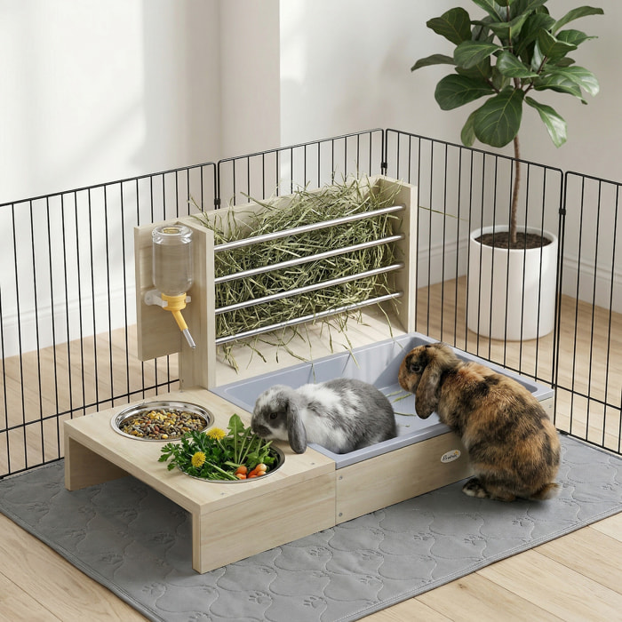 Station mangeoire 3 en 1 pour lapins et cochon d'Inde - râtelier à foin - bois naturel