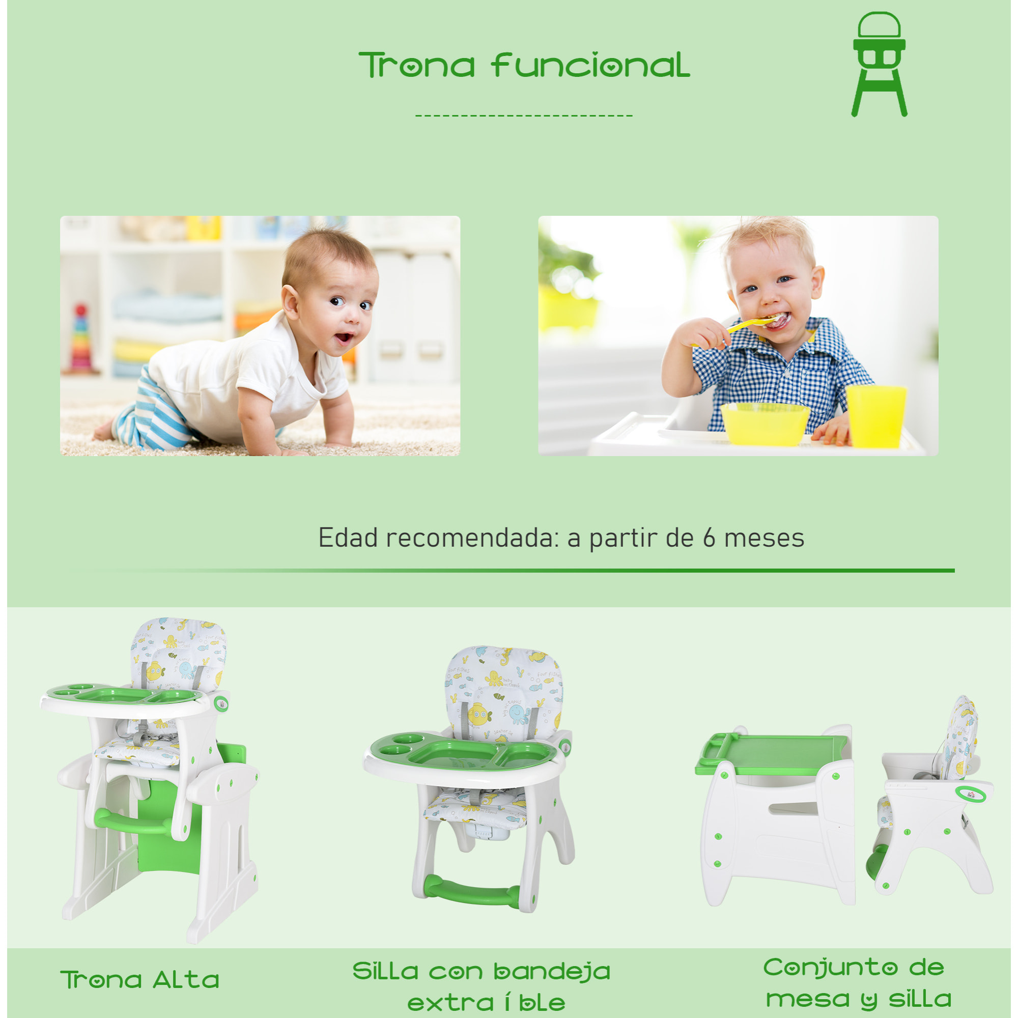 Trona para Bebés 3 Posiciones Ajustables Acolchado Verde