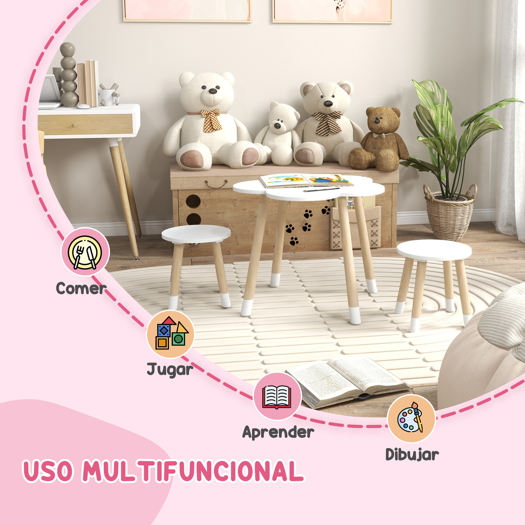 Juego de Mesa y 2 Sillas Infantiles Mesa con Sillas para Niños de 2-5 Años con Mesa en Forma de Flores Ø59x50 cm y Sillas Ø28x26 cm para Dormitorio Sala Blanco y Natural