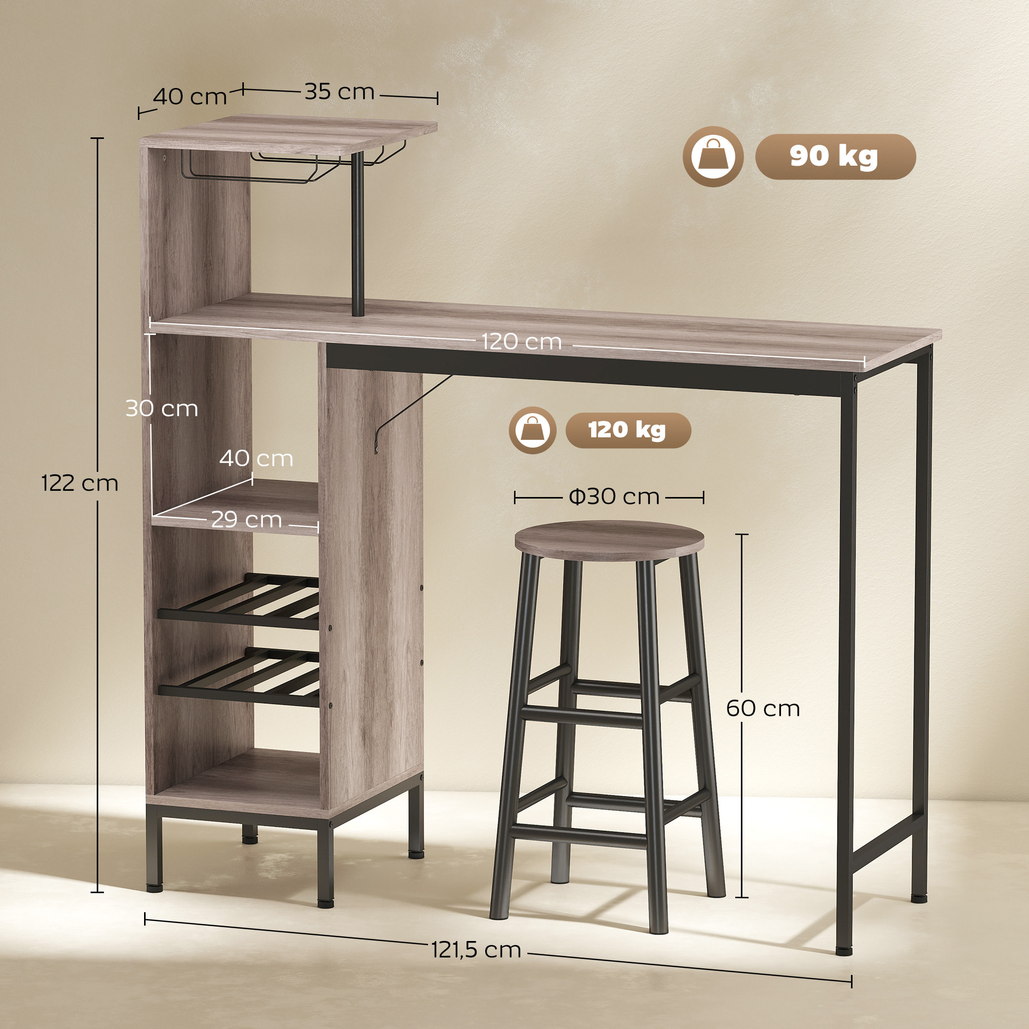 Ensemble bar multi-rangement 2 tabourets métal noir effet bois naturel