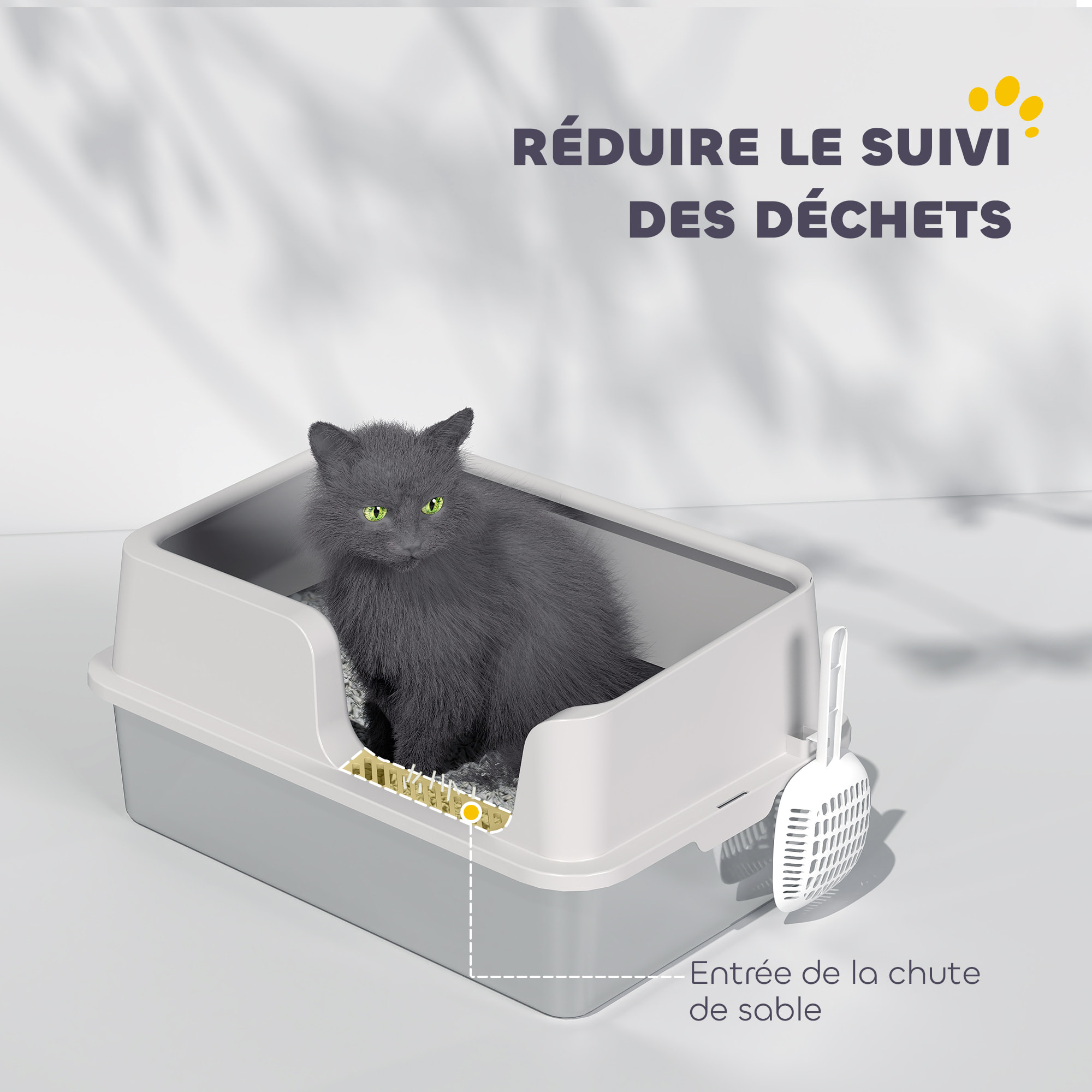 Maison de toilette bac à litière pour chat dim. 60 x 40 x 28 cm acier inox plastique gris clair