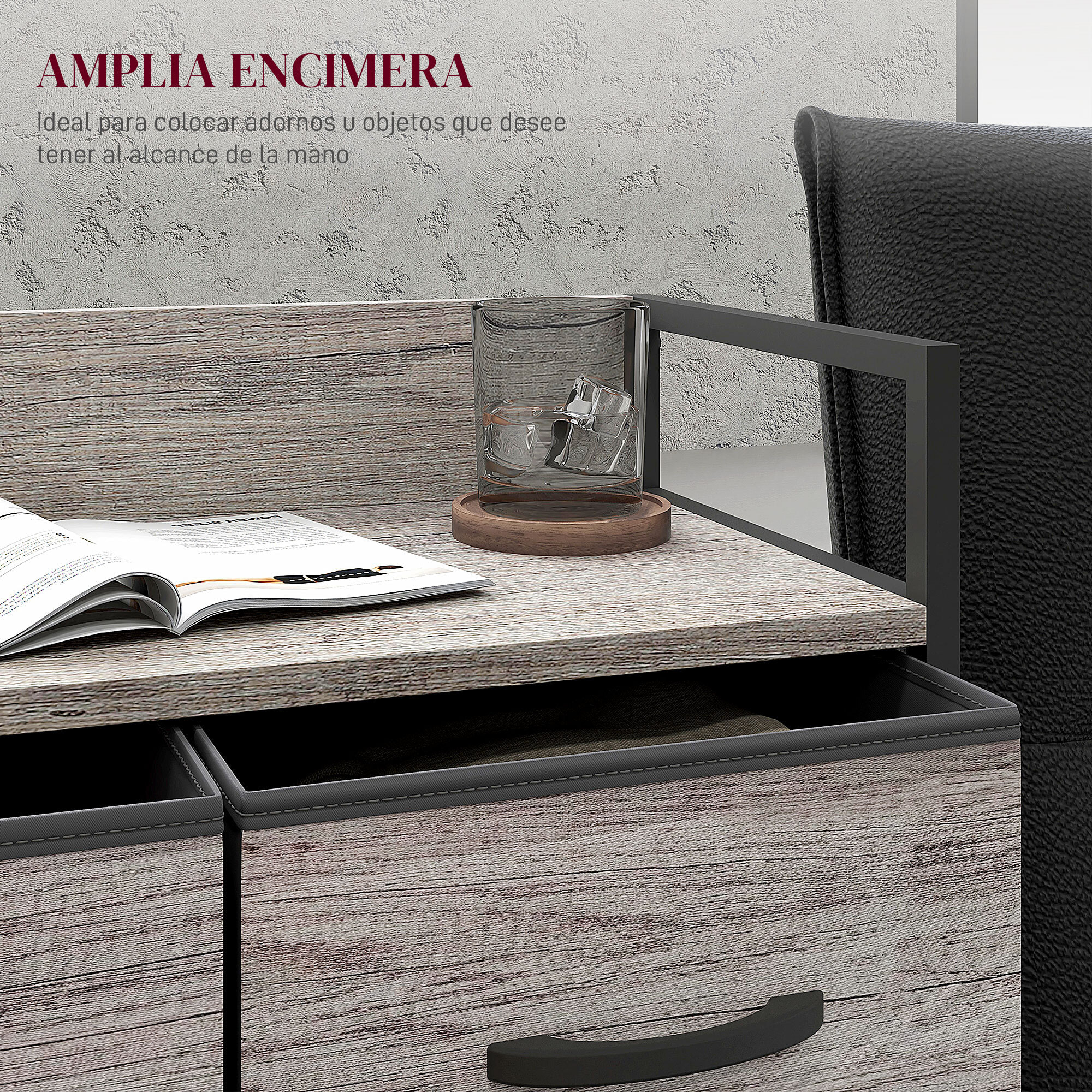 Cómoda con 4 Cajones de Tela Plegables, Cómoda para Dormitorio Industrial con Estante Abierto, Marco de Acero, Cajonera para Espacios Pequeños, Sala de Estar, Vestidor, Baño, Gris