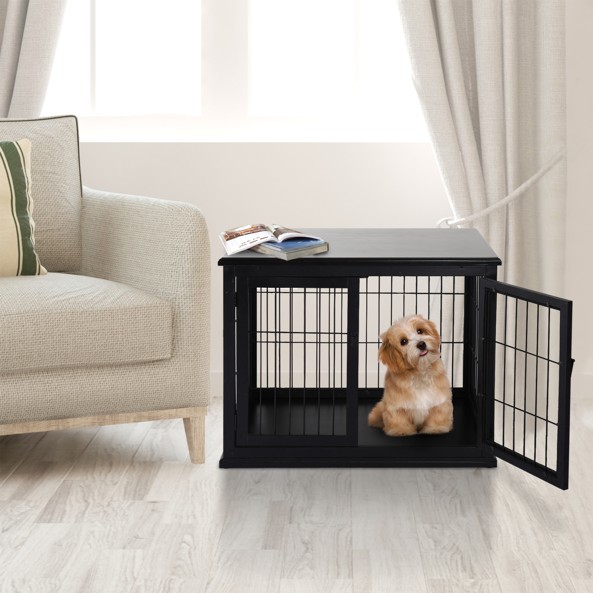 Cage pour chien animaux cage en bois MDF classe E1 3 portes verrouillables max. 30 Kg dim. 81L x 58l x 66H cm noir