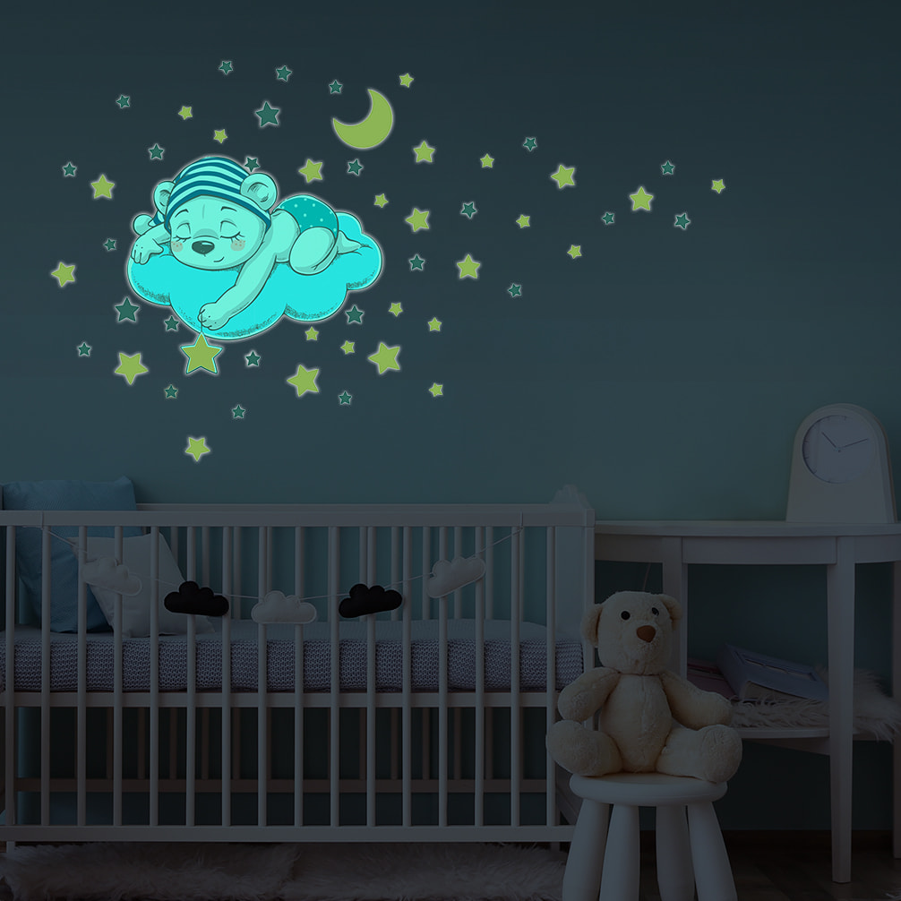 Sticker phosphorescent lumineux - OURSON RÊVEUR ET 50 ÉTOILES