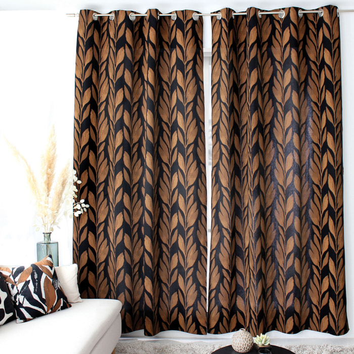 Rideau motif végétal tamisant en coton recyclé - Noir