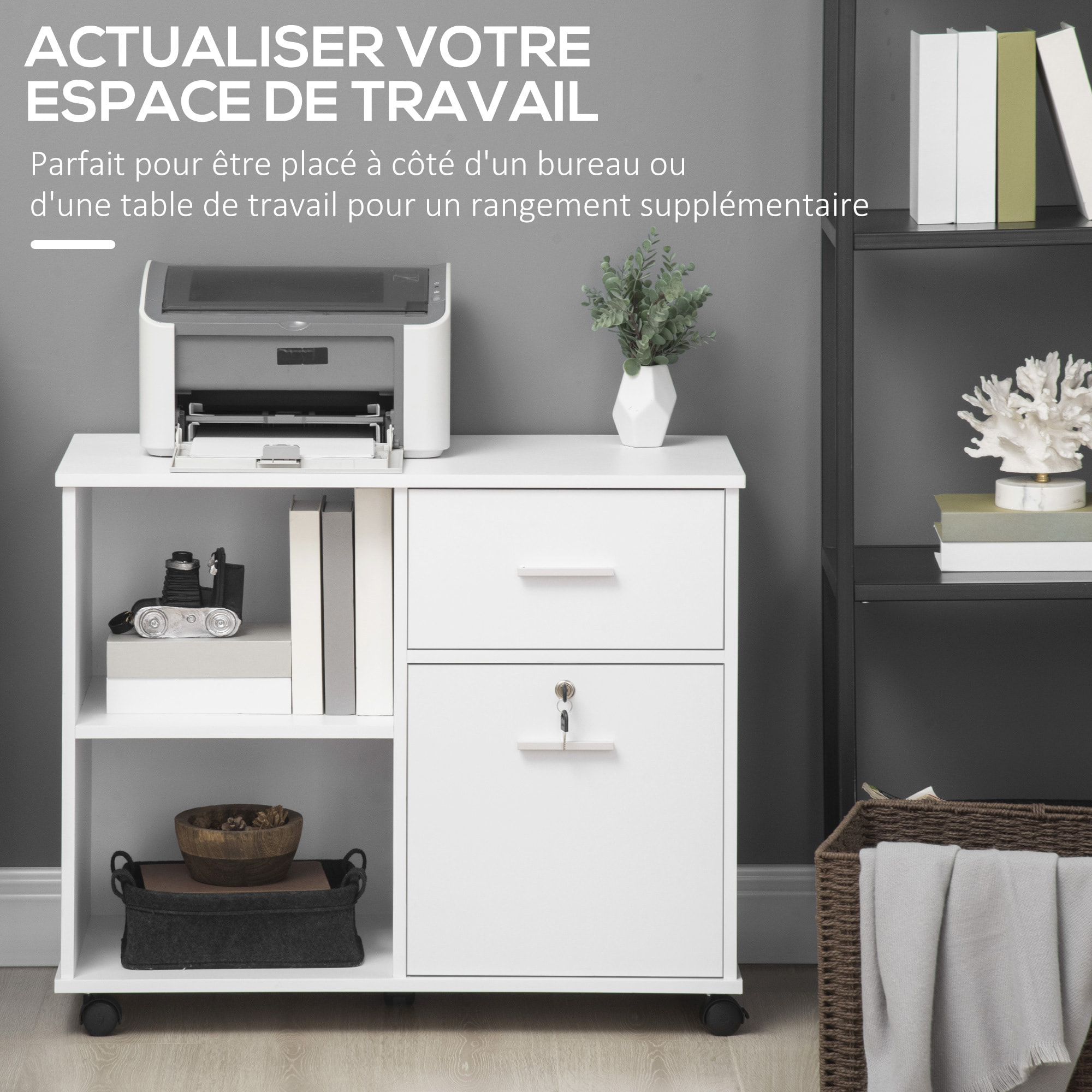 Support d'imprimante organiseur bureau caisson avec 2 tiroirs dont 1 verrouillable avec clé 2 niches grand plateau dim 80L x 40l x 66,5H cm blanc