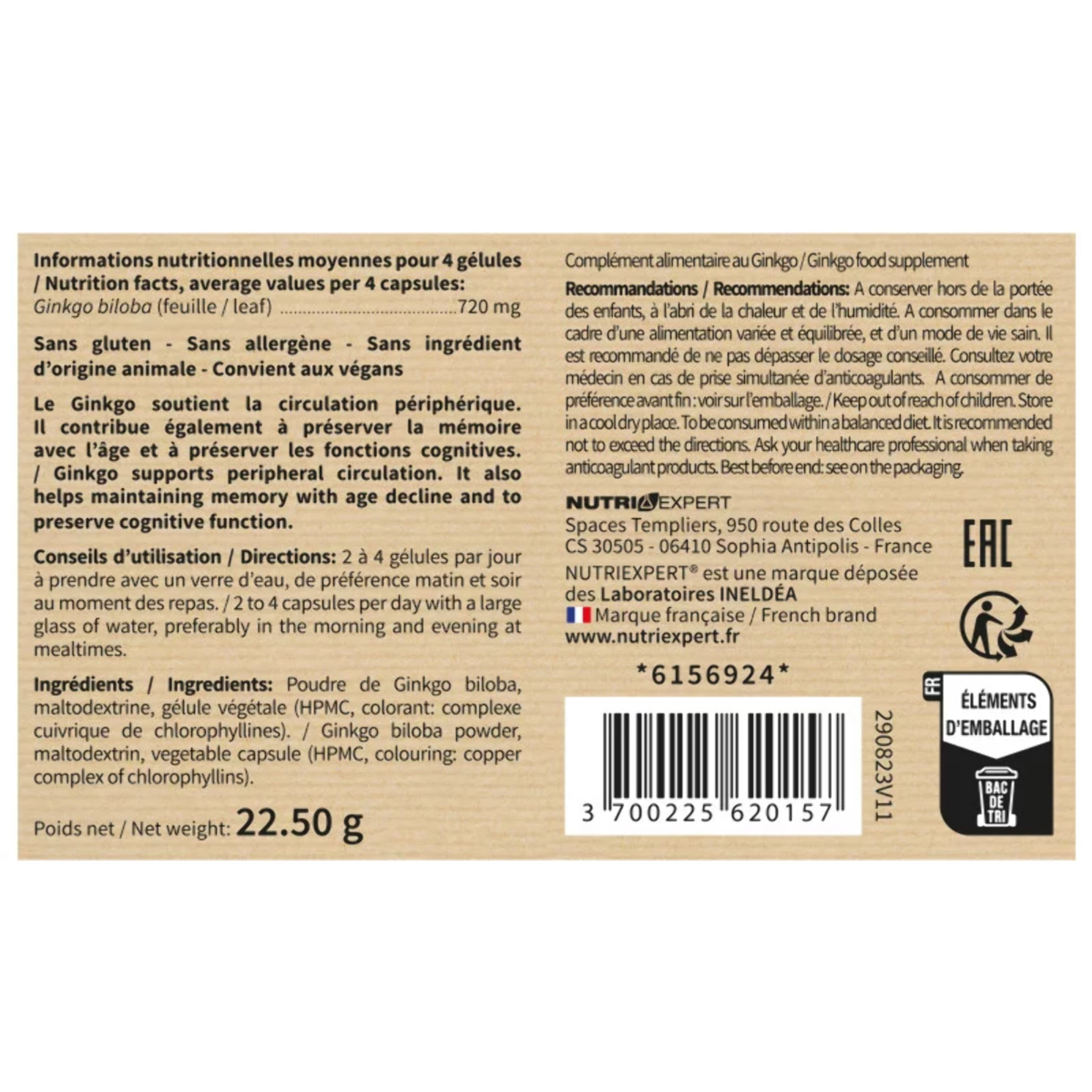 NUTRI EXPERT - Ginkgo Biloba - Préservation mémoire et fonctions cognitives - Soutient la circulation périphérique - Complément Alimentaire Végan - Cure 30 jours - Marque Française - 60 gélules