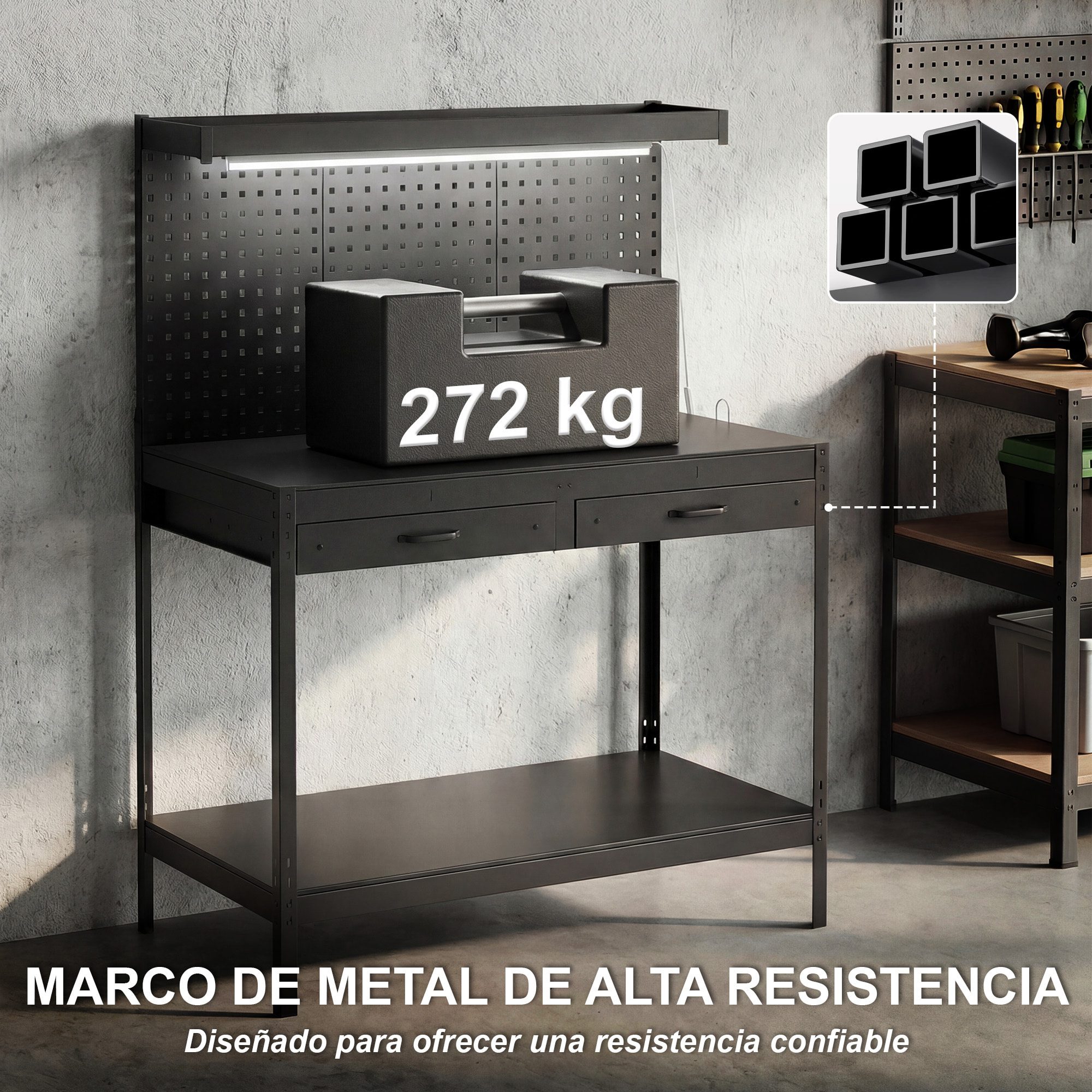 Banco de Trabajo, Carga 272 kg, 110x60x150 cm, Mesa de Trabajo con Tableros Perforados Metálicos, Toma de Corriente, Luces LED, 2 Cajones y Estantes, para Garaje y Taller, Negro