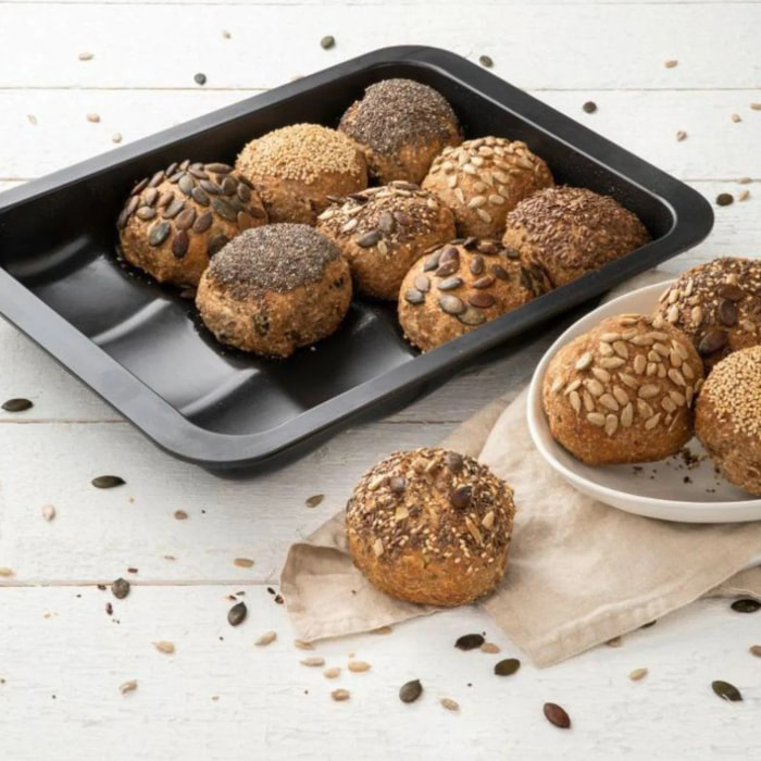 Lot avec 1 Moule 12 mini pains 36 x 27 cm, 1 spatule Zenker et 2 bols à mixer en inox Fackelmann