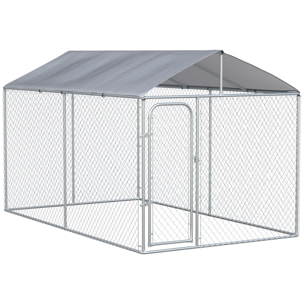 Perrera de Exterior con Toldo Anti-UV Impermeable Parque para Perros con Puerta con Pestillo y Marco de Metal Galvanizado para Patio Jardín Terraza 4x2,3x2,3 m Plata