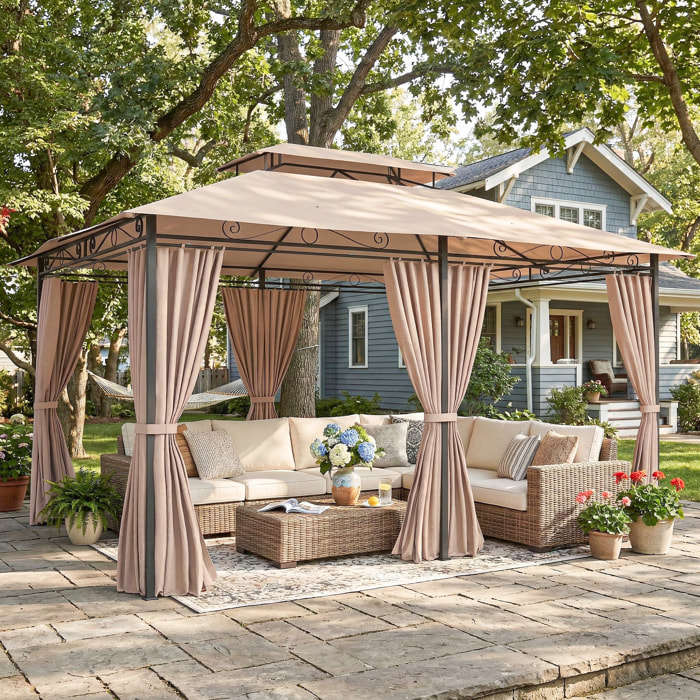 Cenador para Jardín 3x4 m, Pabellón de Jardín, Gazebo con Doble Techo, 6 Paredes Laterales, Estructura Metálica, Drenaje, Carpa para Exterior, Terraza, Patio, Caqui