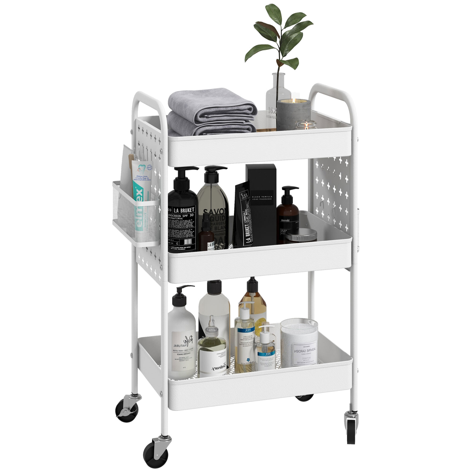 Carrito Auxiliar con Ruedas de Acero Carrito de Almacenamiento con 3 Cestas 2 Cajas Colgantes y 6 Ganchos para Salón Cocina Baño 53,5x30,5x75 cm Blanco