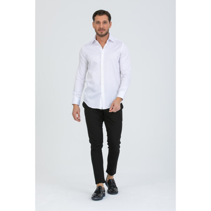 Camicia Uomo 1 Bottone Italiano Slim Popeline Stretch Unito Bianco