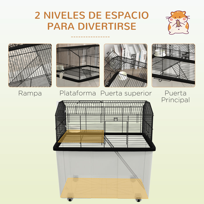 Jaula para Hámster Casa para Animales Pequeños con Fondo Profundo Plataforma Cuenco Bebedero Rampa y Ruedas 57x43x57 cm Negro