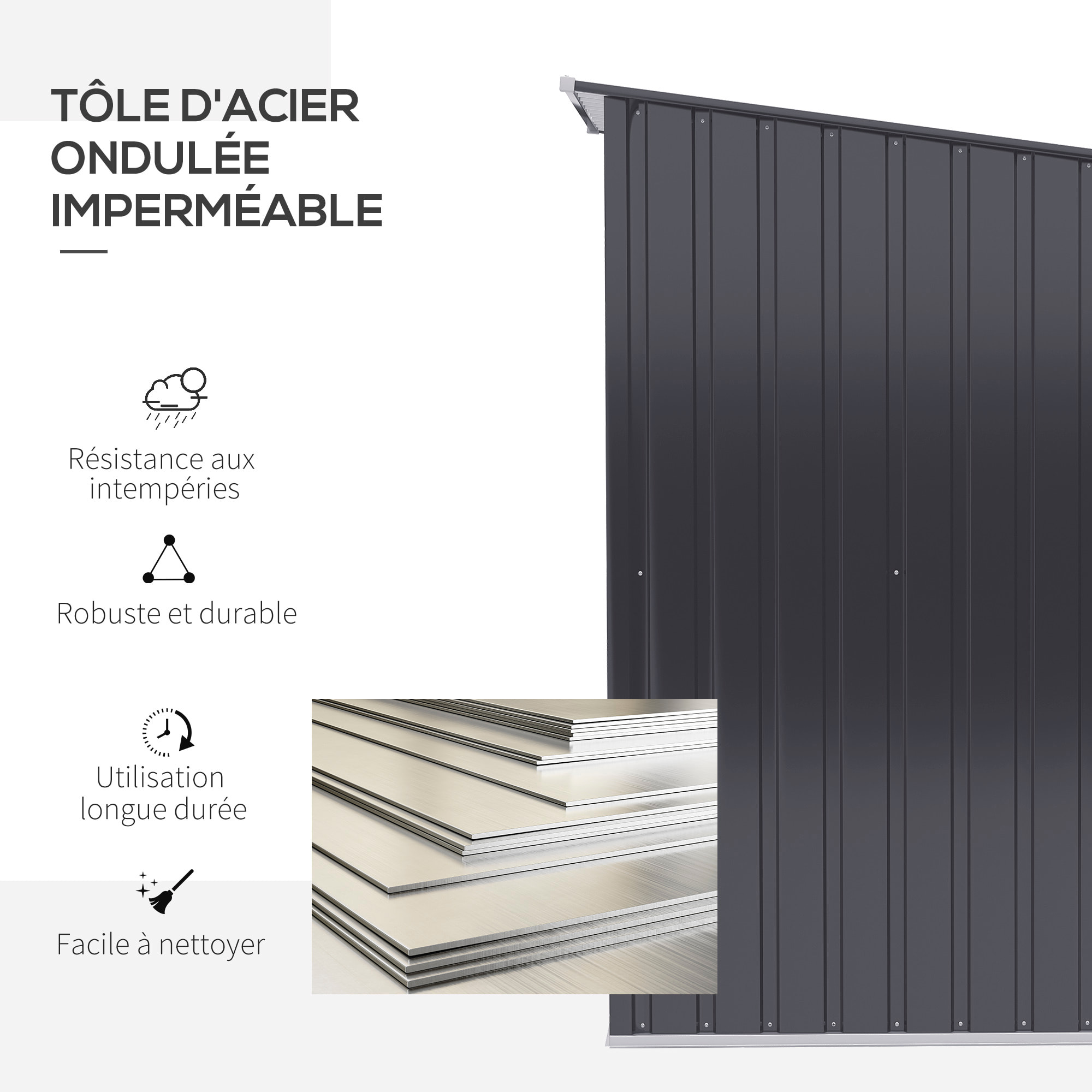 Abri de jardin - remise pour outils - cabanon porte verrouillable - dim. 1L x 1,03l x 1,6H m - tôle d'acier ondulée anthracite