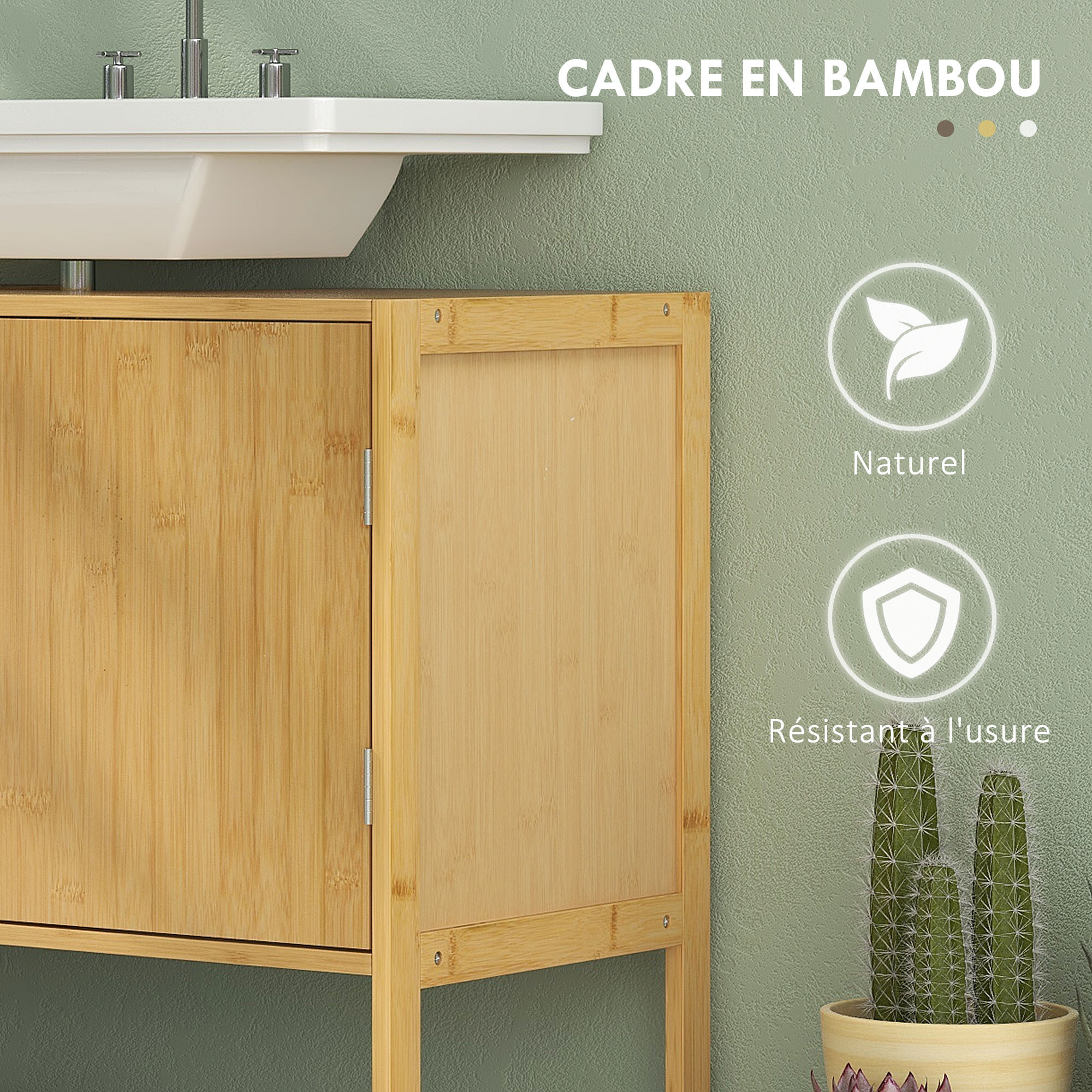 Meuble sous vasque 2 portes étagère - dim. 70L x 33l x 79,5H cm - bambou