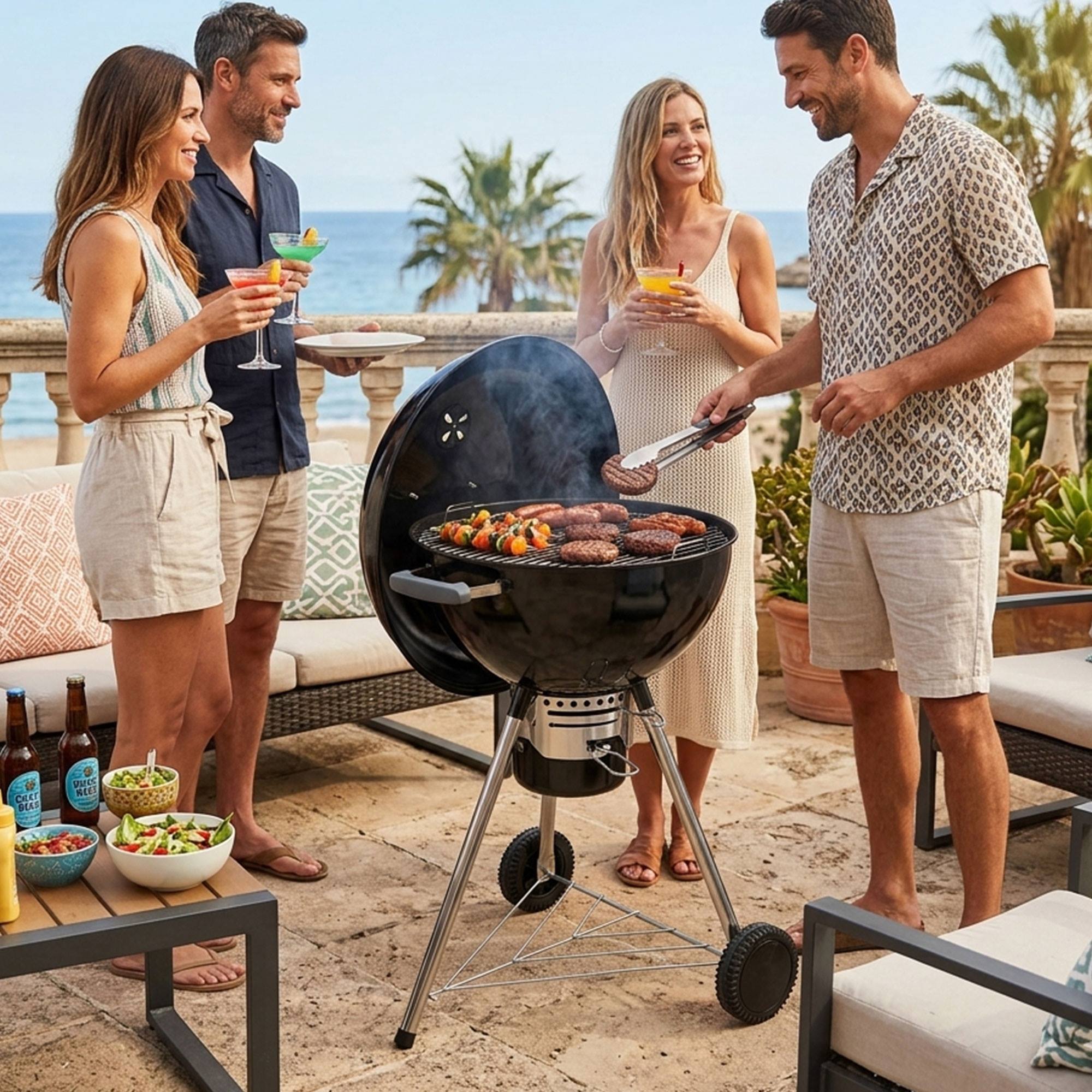 Barbacoa de Carbón con Tapa y Ruedas Ø54 cm - Parrilla Cromada de 45 cm y Rejilla para Carbón - Para Jardín con Patas de Acero Inoxidable