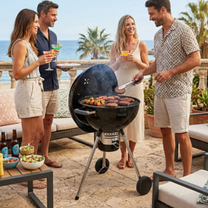 Barbacoa de Carbón con Tapa y Ruedas Ø54 cm - Parrilla Cromada de 45 cm y Rejilla para Carbón - Para Jardín con Patas de Acero Inoxidable