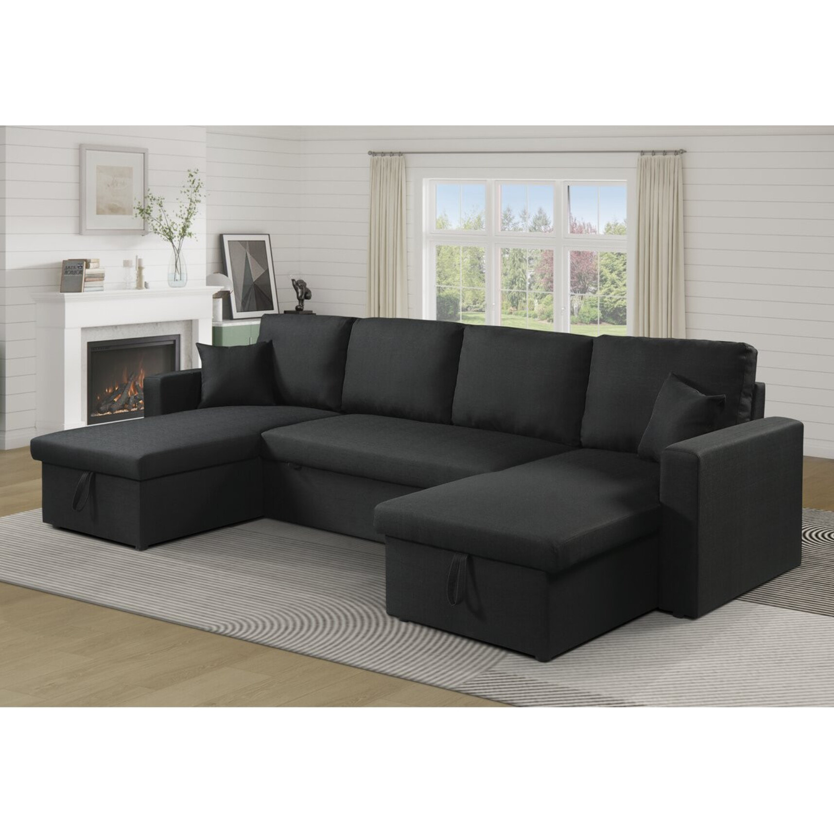Canapé d'angle panoramique convertible en tissu "Alain" - 4 places - Noir