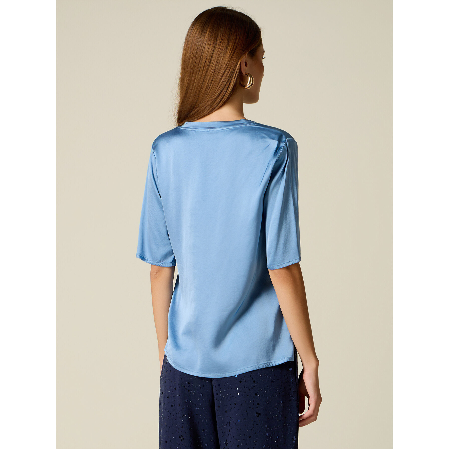 Oltre - Blusa maniche corte in raso - Azzurro