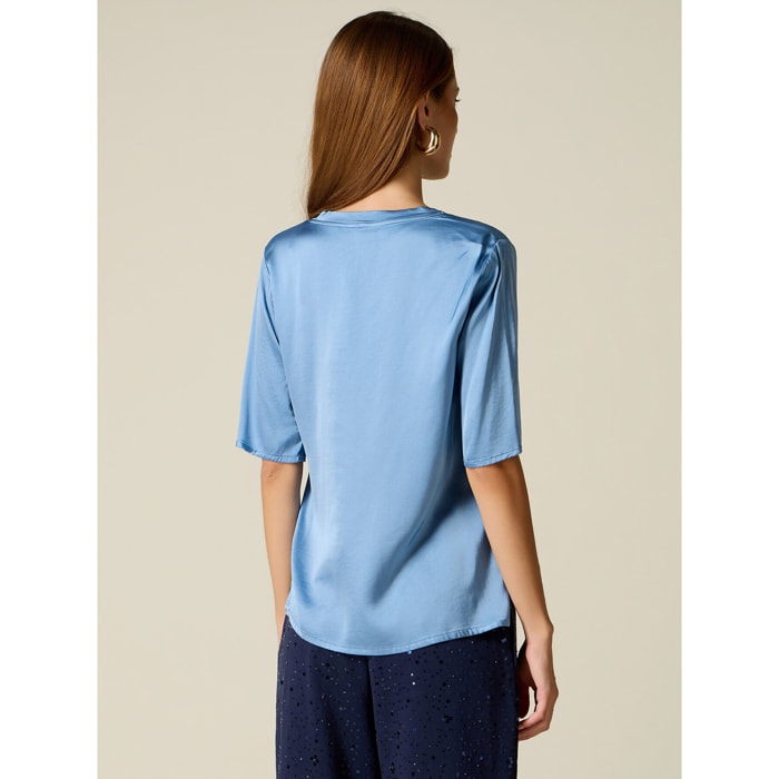 Oltre - Blusa maniche corte in raso - Azzurro