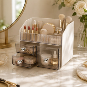 Organizador de maquillaje blanco con soporte para labiales y 2 cajones