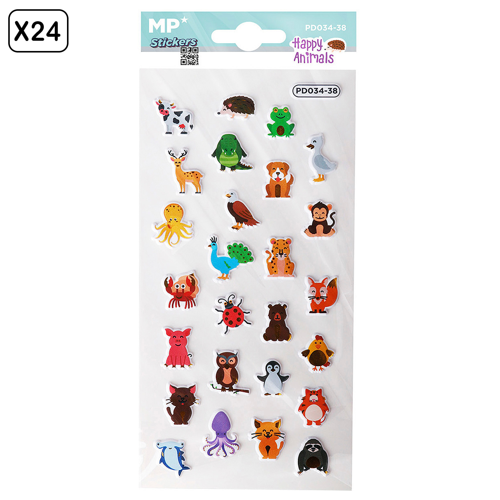 PACK 24 Uds. PEGATINAS STICKERS RELIEVE DISEÑO ANIMALES FELICES