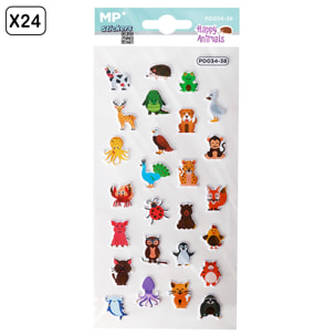 PACK 24 Uds. PEGATINAS STICKERS RELIEVE DISEÑO ANIMALES FELICES