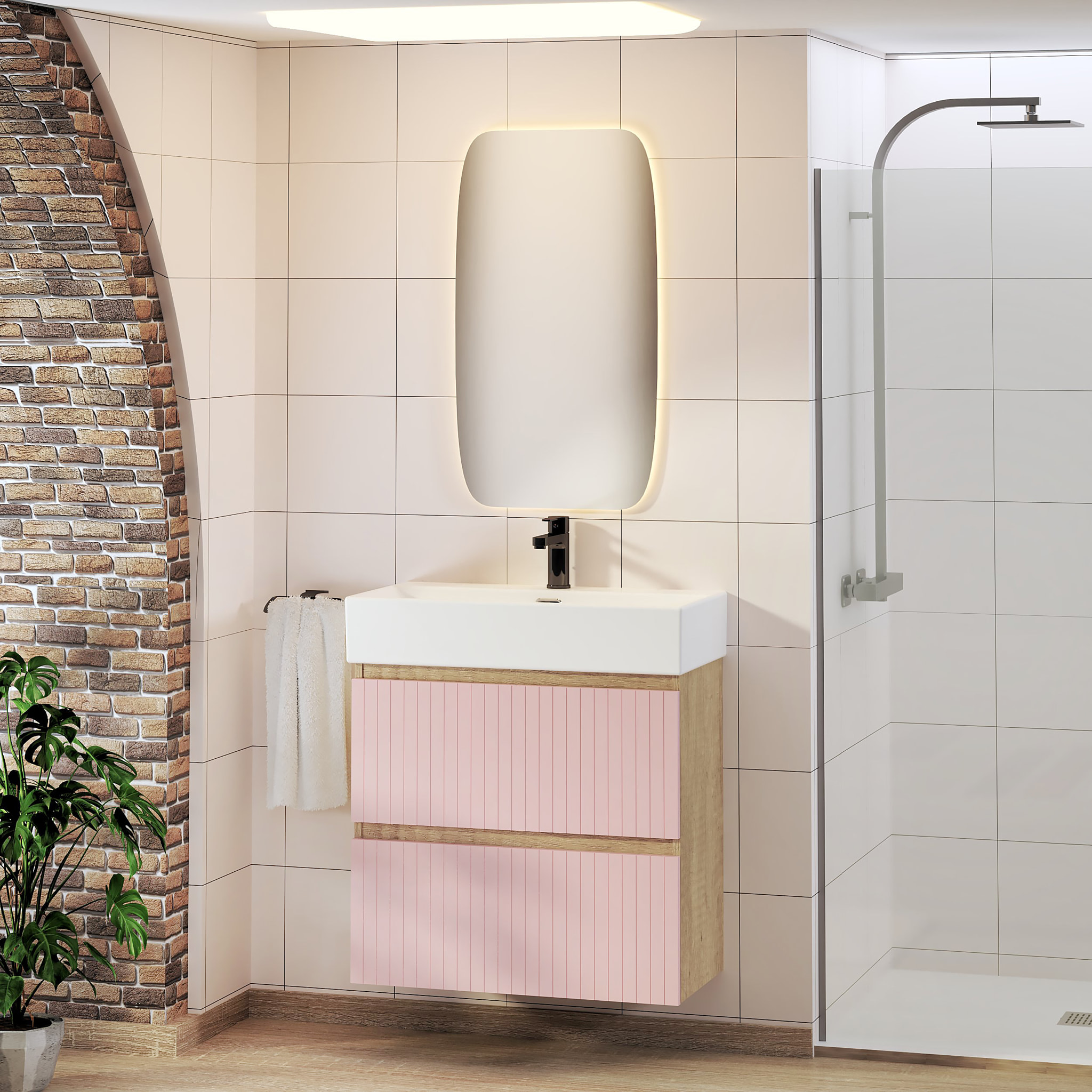 Ensemble de Salle de Bain Zel | Meuble Suspendu | 70 cm Rose | Deux Tiroirs | Lavabo Encastré | Miroir non inclus | Meuble Monté | Alday