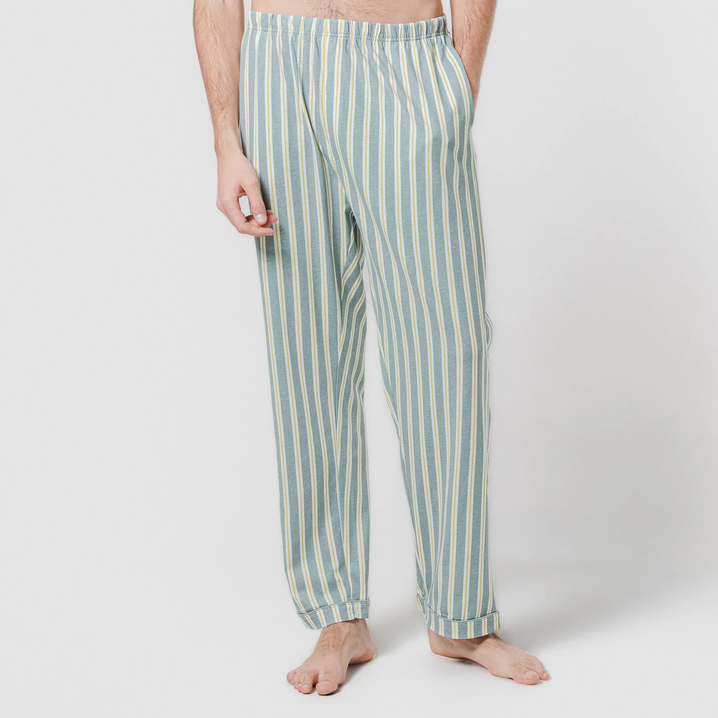 Pigiama lungo stile camicia in cotone a righe verde acqua schon