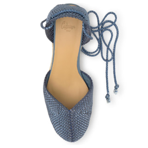 Alpargata Cora cuña de yute con rayón trenzado, cintas y escote en V con hilos metalizados