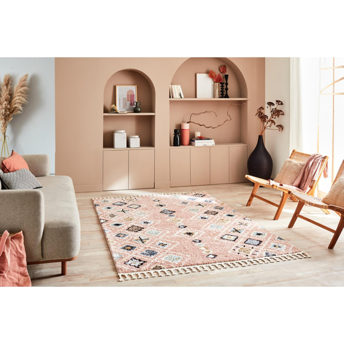 Delya - tapis shaggy salon berbère coloré en laine artificielle, rose