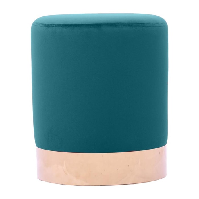 Pouf tondo in velluto celeste con placca dorata