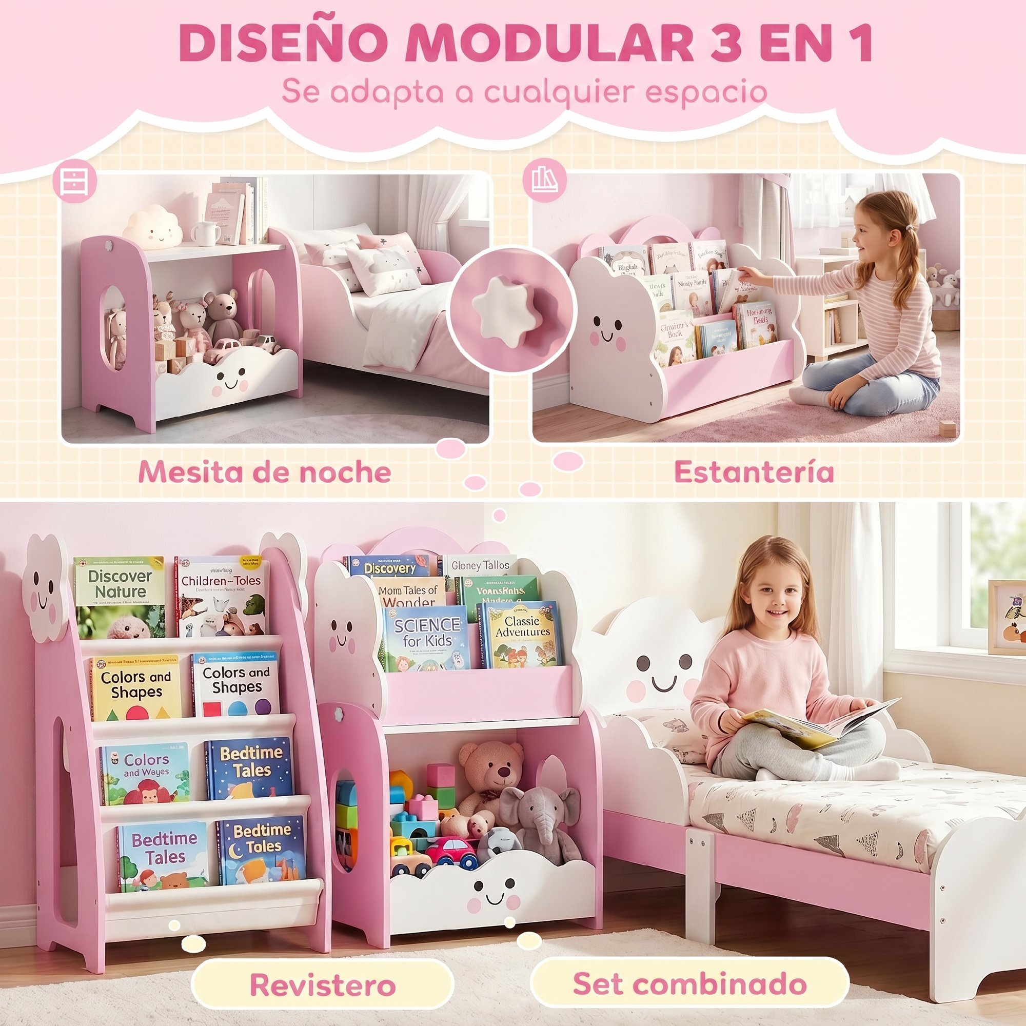 Estantería Infantil para Juguetes 3 en 1, Organizador de Juguetes con Librería, Revistero y Mesita de Noche, para Niños 3-8 Años, para Dormitorio, Sala de Juegos, 85,5x32x72 cm, Rosa