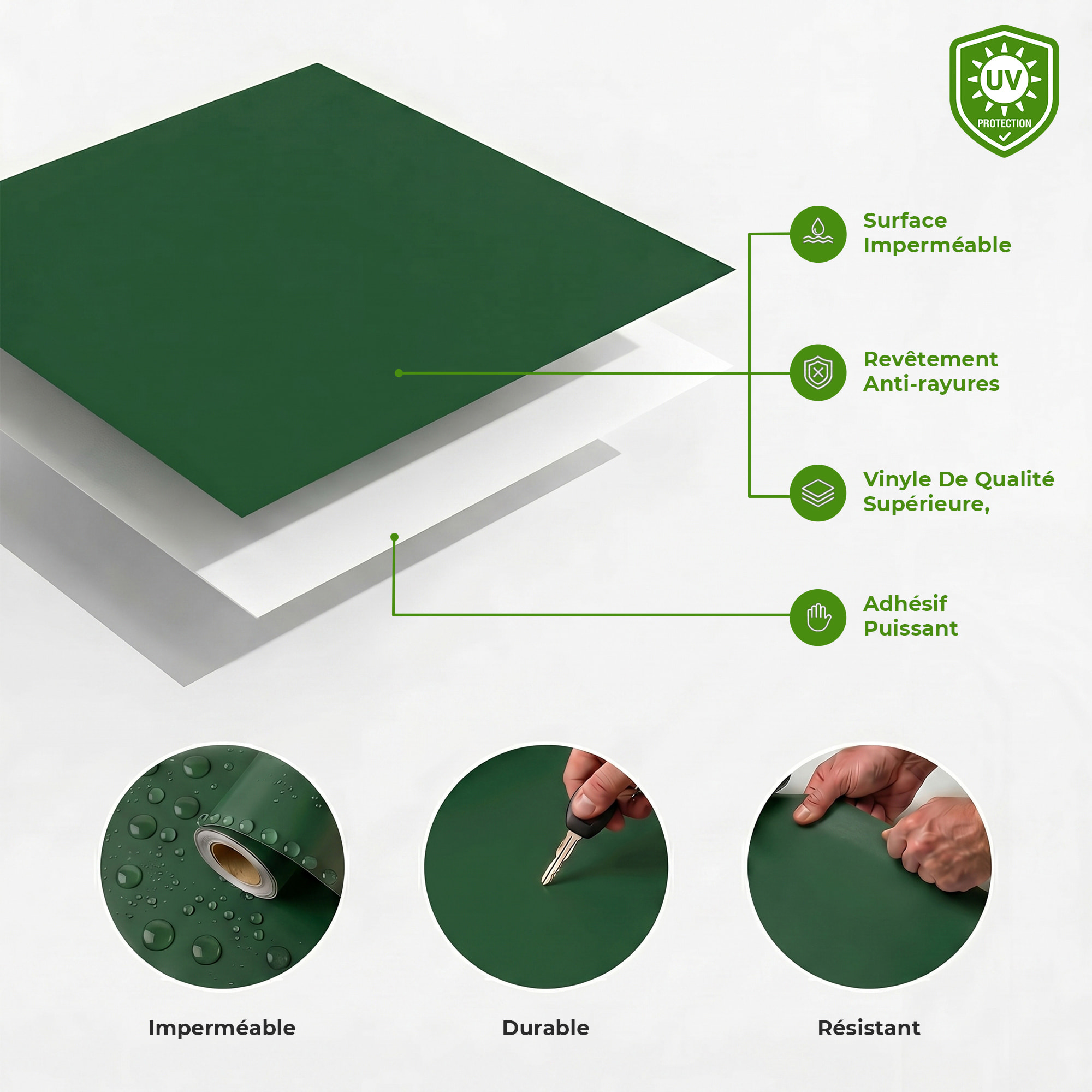 Rouleau adhésif décoratif Vinyle au Mètre - Vert fonce - Sticker Lavable Imperméable Mur Cuisine Meubles