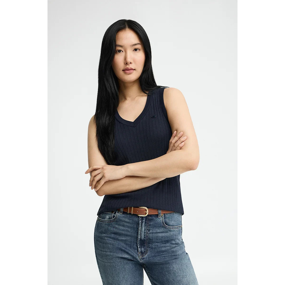 Canotta blu marino a coste con scollo a V e logo Polo Club