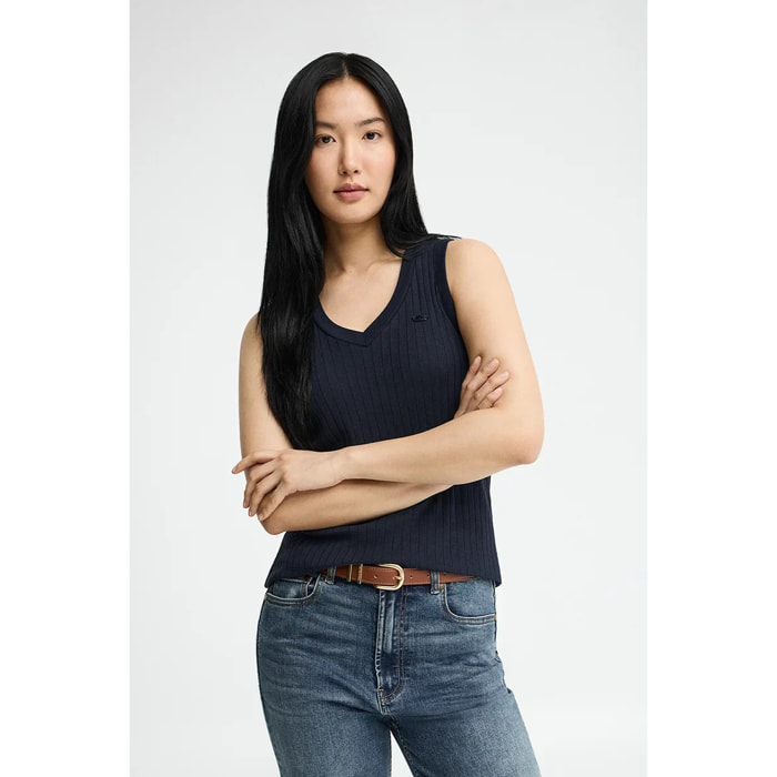 Canotta blu marino a coste con scollo a V e logo Polo Club