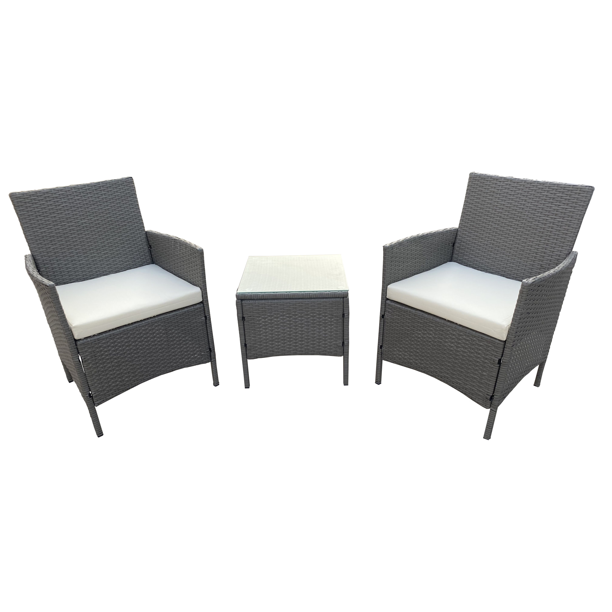 Set in Rattan Sintetico con Cuscini composto da 2 Sedie 57x59x81 e 1 Tavolino 45x45x45  GRIGIO/MARRONE