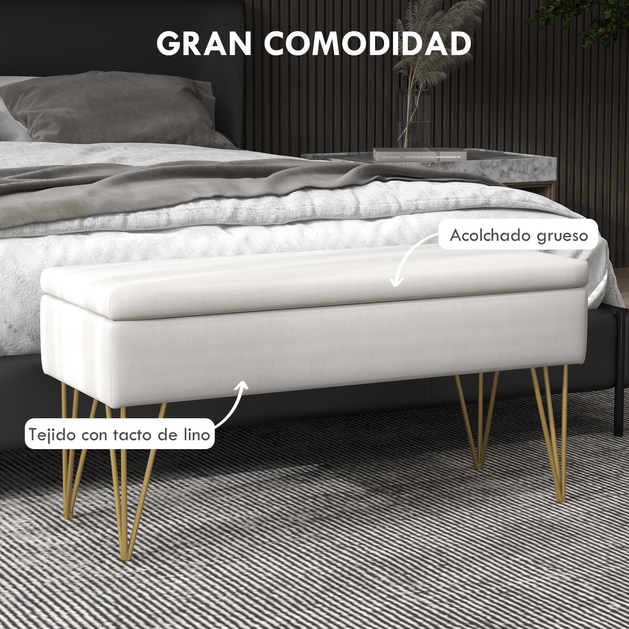 Banco Pie de Cama, Taburete Pie de Cama Tapizado en Lino Sintético con Patas de Acero y Asiento Acolchado, Estilo Moderno, Banco para Dormitorio, Entrada, Pasillo, Crema