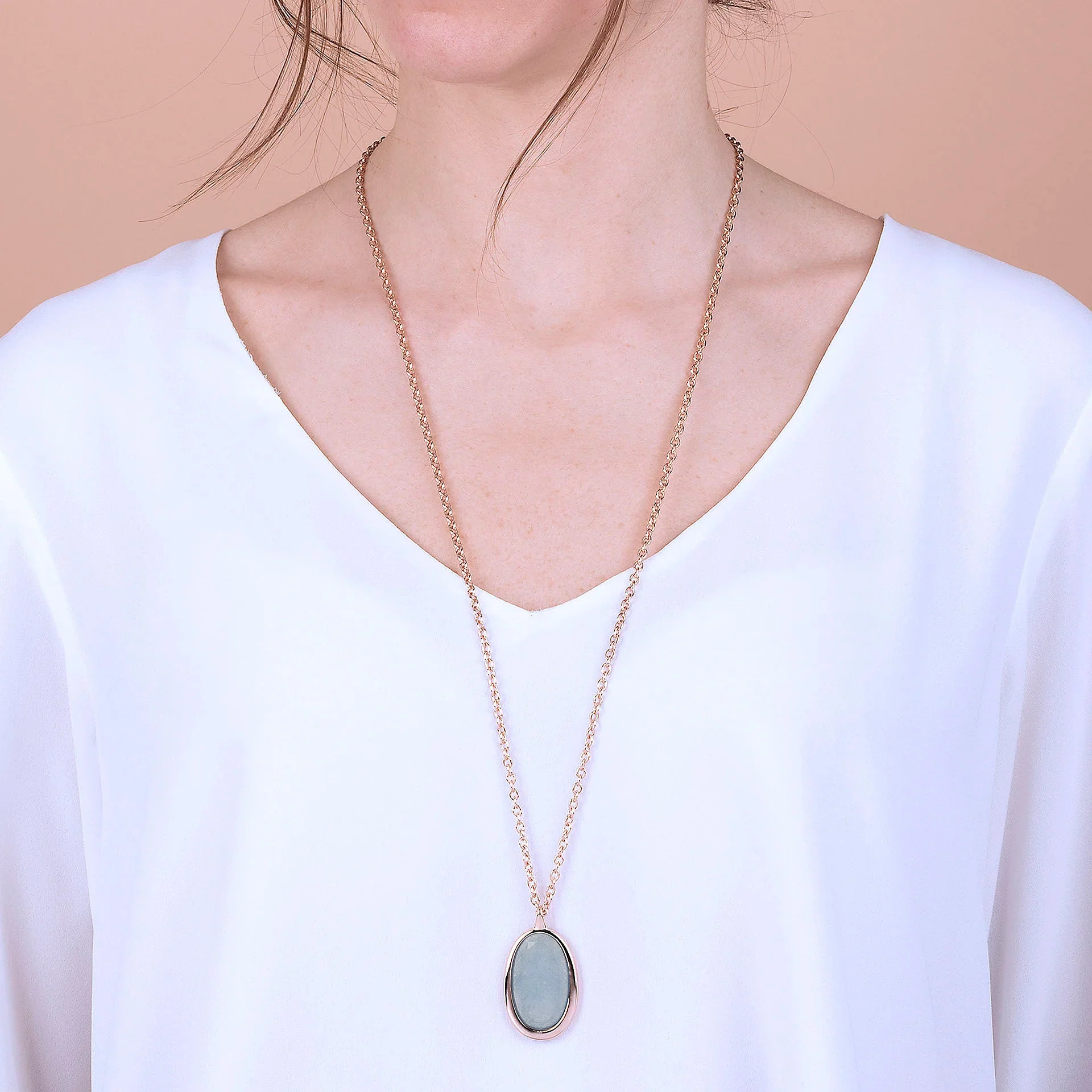 Collana Catena Rolo con Pendente in Pietra Naturale Ovale Sfaccettata Quarzo Celeste