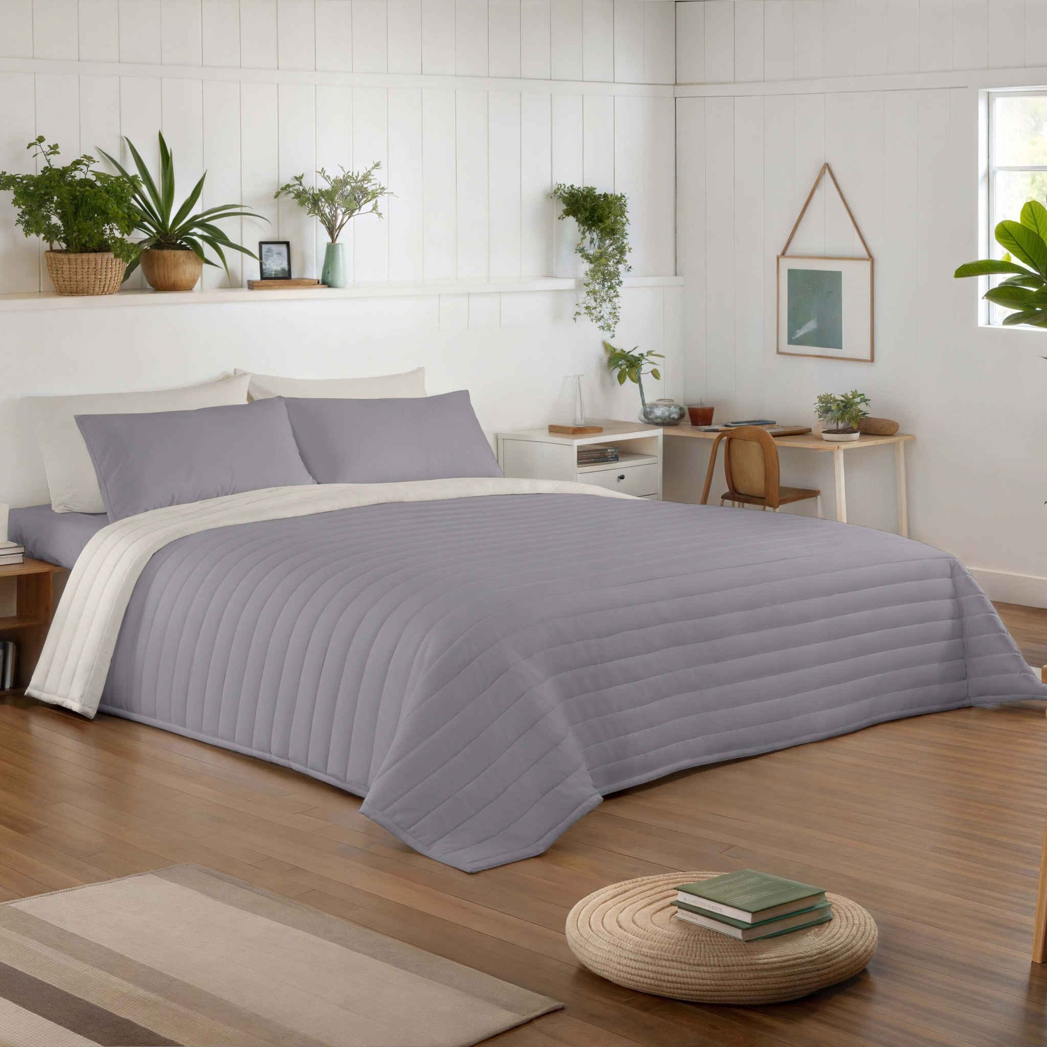 Icehome - Colcha Bouti - Lisa - Reversible - 100% Microfibra - 70 gr/m² - L.807 Gris/L.198 Piedra