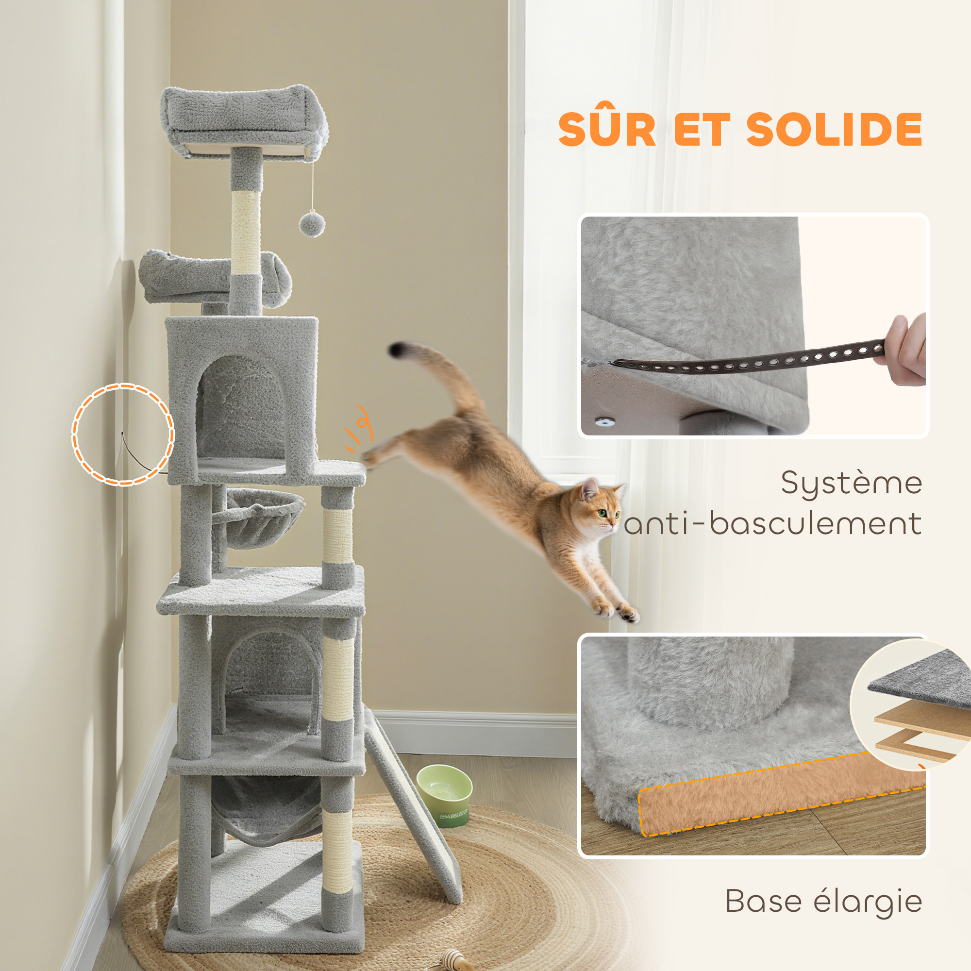 Arbre à chat design grande taille H.177cm équipements jeux multiples sisal naturel peluche gris clair