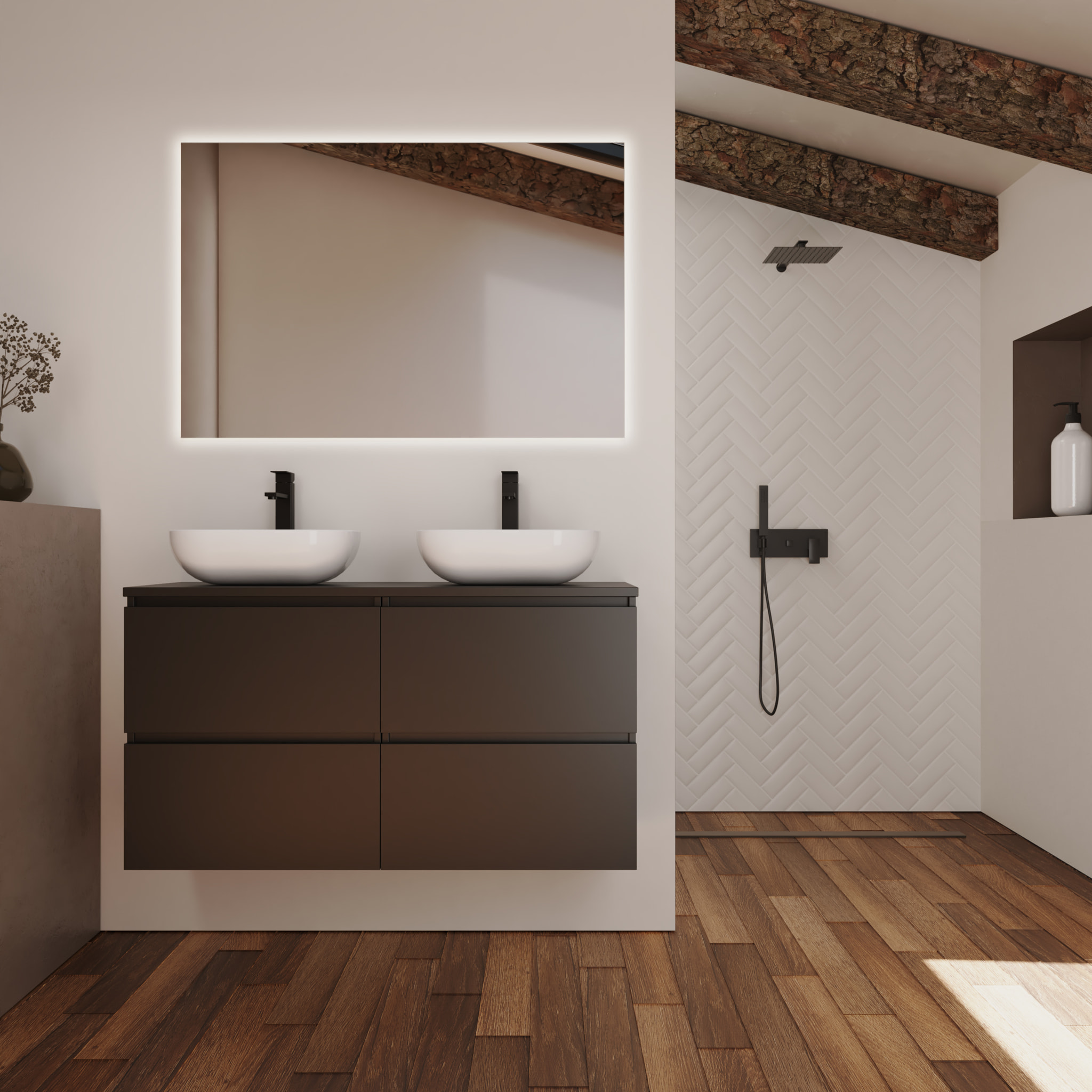 Ensemble Salle de Bain Kaji | 120 cm Noire | Quatre Tiroirs | Lavabo Rond sur Plan | N'inclut pas le Miroir | Alday