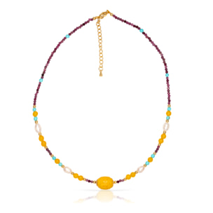 Set de pulsera y collar a juego de crisoberilo, turmalina, citrino, turquesa y perlas naturales con cierre de mosquetón.