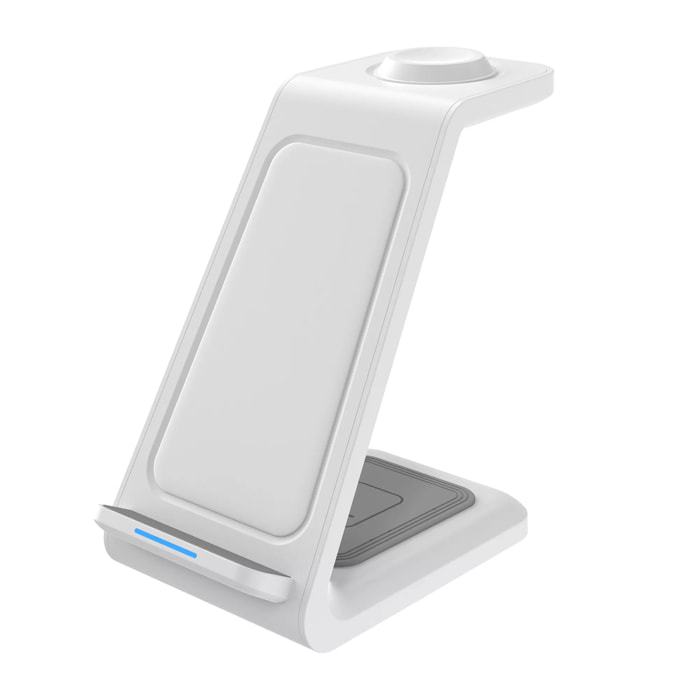Stazione di ricarica 3 in 1 da 15w. Base di ricarica wireless Qi per 2 smartphone, auricolari e Apple Watch.