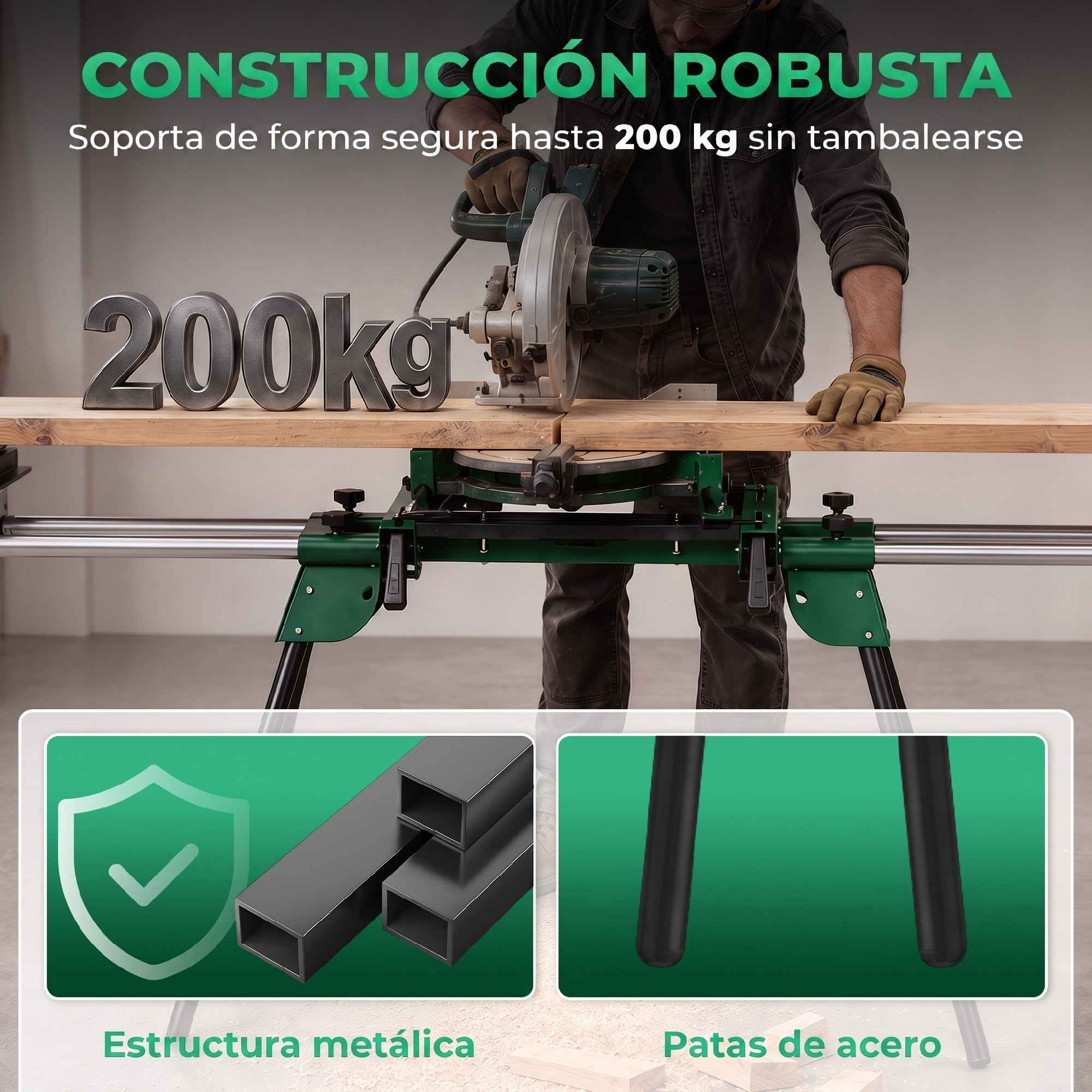 Soporte de Sierra Ingletadora Plegable, Universal con 2 Rodillos de Apoyo, Banco de Trabajo Extensible con Altura y Ancho Ajustable, Estructura Metálica Reforzada, Sistema Fijación Carga 200 kg