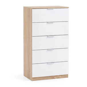 Cómoda alta de 5 cajones en blanco artik y roble canadian 60x110 cm Akari Blanco Artik (Blanco Mate) - Roble Canadian
