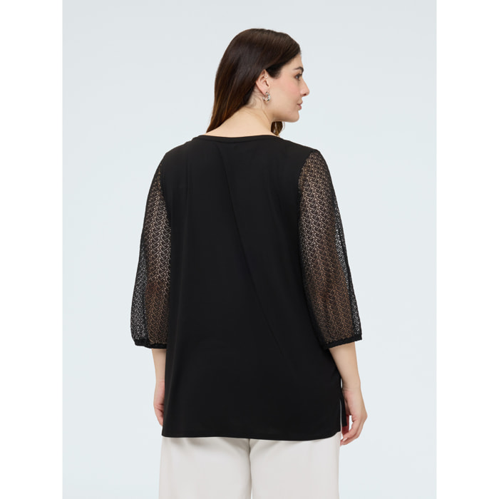 Fiorella Rubino - T-shirt bimaterica con maniche crochet - Nero