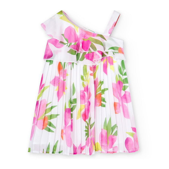Vestido plisado niña, gasa estampada, flores, rosa